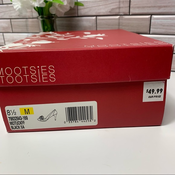 Mootsies Tootsies Black Satin Peep Toe Dress Heels w/Rosette Sz 8.5 - Picture 2 of 13